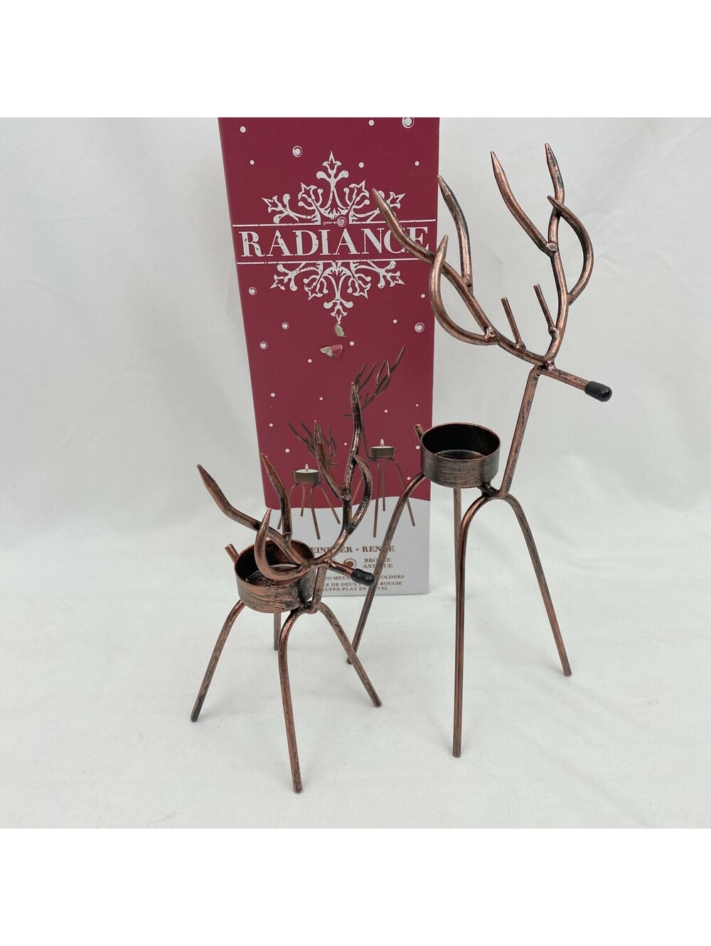 Reindeer Christmas Antique Bronze Metal Tealight Candle Holders 2 Piece Set
